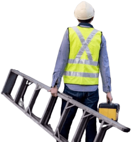 A construction worker carrying a ladder in one hand and a tool case in the other, wearing a high-visibility safety vest and a hard hat.