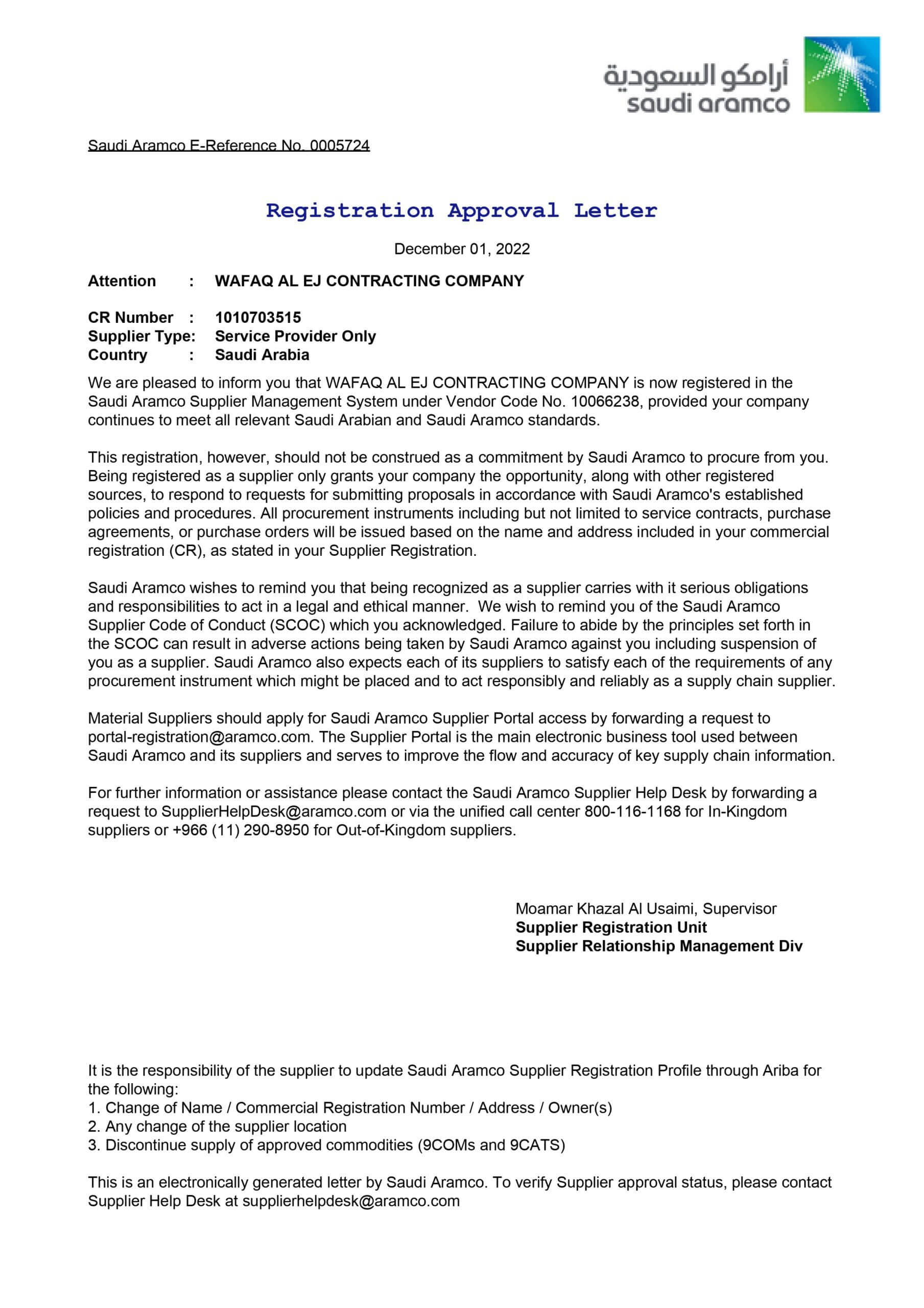 Registration approval letter from Wafaq Industrial Services, showcasing official company branding and letterhead with approval details.