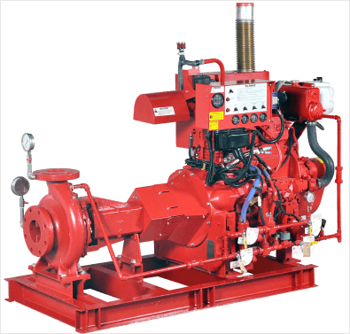 A robust end-suction fire pump with a vibrant red color scheme, showcasing its industrial design and various components.