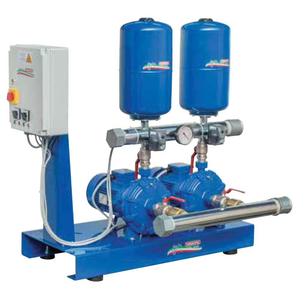 A blue industrial pressure system with two pumps, two pressure tanks, a control panel, and pipes.